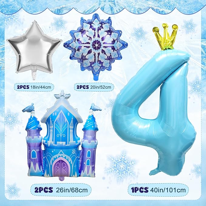 7Pcs 4th Birthday Party Decorations Balloons,Winter Snowflake Balloons Large Blue 40 Inch Number 4 Balloon Foil Star Castle Ballon for Birthday Party Favor Decor Supplies Winter Wonderland Decoration