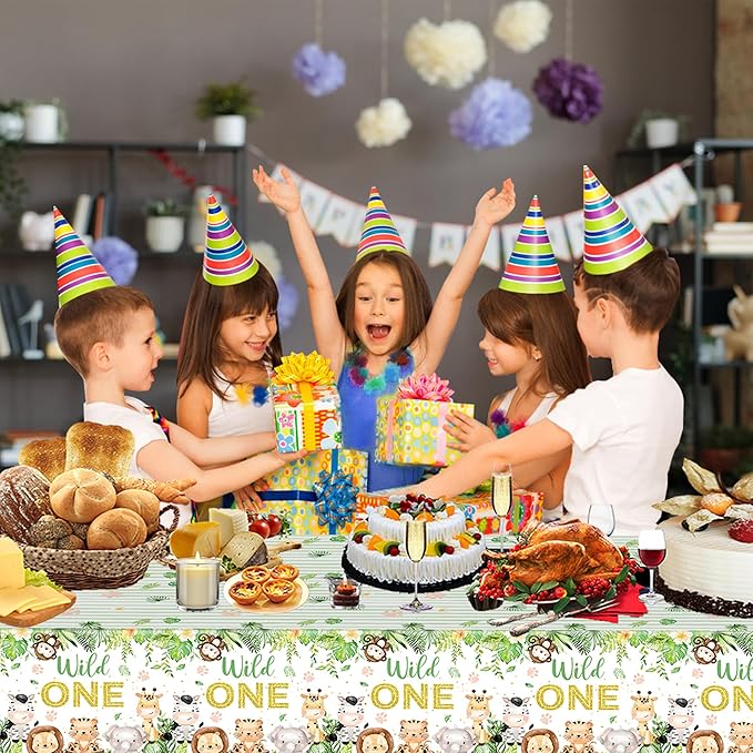 3PCS Wild One Tablecloths for Boys Baby Kids 1st First Birthday Party Jungle Animal Themed Table Cloths Safari Baby Shower Decorations Table Cover Party Supplies -54x108in
