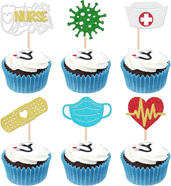 30 PCS Nurse Cupcake Toppers Glitter Nursing School Graduation Cupcake Picks Nurse Graduation Decorations for Medical Rn Nurse Grad Themed Birthday Party Cake Decorations Supplies