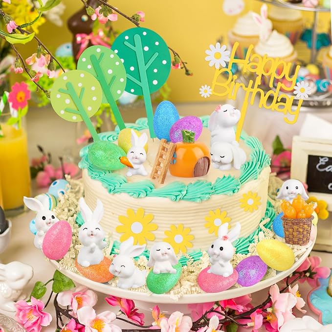 Hooqict 29Pcs Easter Cake Decorations Set with Mini Rabbits, Easter Eggs, Carrots, Happy Birthday Bunny Cake Topper & Cupcake Topper for Kids Bunny Birthday Decorations Rabbit Themed Party Supplies