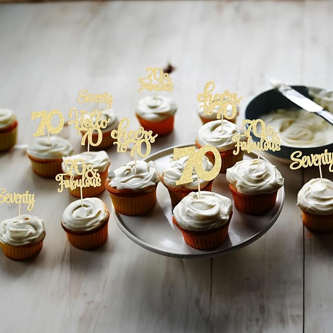 30Pcs Happy 70th Birthday Cupcake Toppers Seventy Cheers to 70 Years Old Birthday Cupcake Picks for 70th Anniversary Party Cake Decorations Supplies Gold Glitter