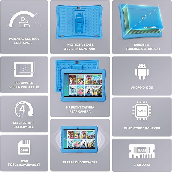 Contixo 10" Android Kids Tablet Bundle - 32GB, Epic! & Lingokids Educational Apps, Parental Controls, Kid-Proof Case w/Kickstand & Stylus, Headphones & Sleeve Bag - Blue