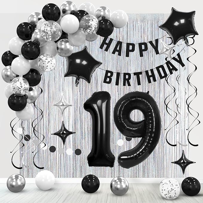 19th Birthday Decorations for Boys Girls, Silvery and Black Happy 19th Birthday Banner,Number 19 Balloons Arch Kit for 19 year old Birthday Party Decorations