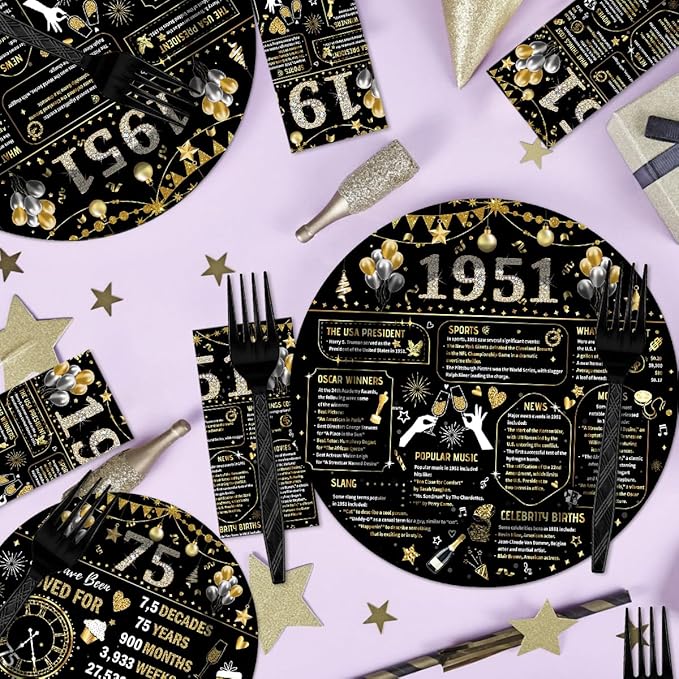 96PCS 75th Birthday Plates and Napkins Party Supplies 75th Birthday Decorations for Women Men 75th Anniversary Decorations Cheers to 75 Years Vintage 1951 Tableware Sets Serve 24 Guests