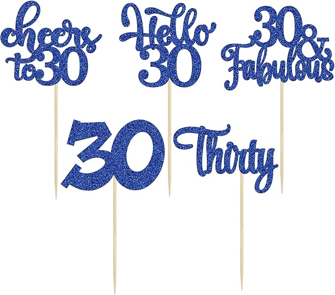 30Pcs Happy 30th Birthday Cupcake Toppers Deep Blue Glitter Thirty Cheers to 30 Birthday Cupcake Picks for Happy 30th Birthday Anniversary Party Cake Decorations Supplies