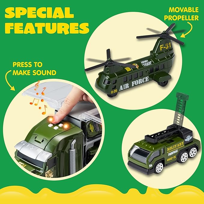 JOYIN 25 in 1 Military Kids Truck Toys for Age 3+, Toddler Boy Toys, Army Men Tanks Set with Soldier Men, Mini Battle Cars in Carrier Truck with Lights and Sounds, Gifts for Grandkids, Easter Basket