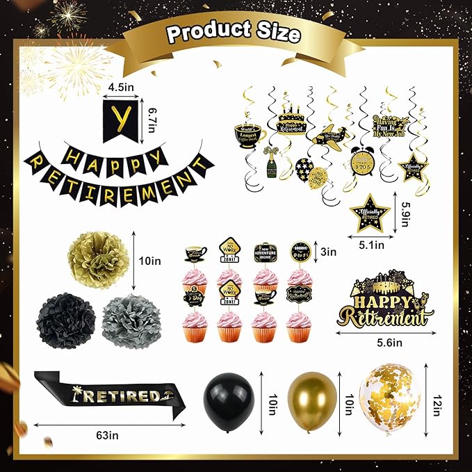 Retirement Party Decorations for Men Women, 92Pcs Black Gold Happy Retirement Decorations Include Balloons Retired Sash Banner Cake Toppers Hanging Swirls Paper Pompom Retired Party Supplies