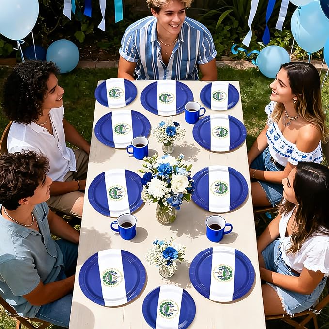 96Pcs El Salvador Flags Party Supplies Salvadoran Flag Plates and Napkins Blue white Flag Tableware Set for National Sports Events Patriotic Festival Birthday Party Supplies，Serves 24
