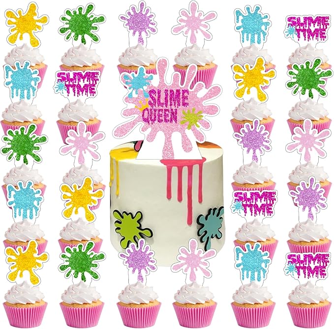 Slime Cupcake Toppers,Slime Queen Birthday Cake Topper, It's Slime Time Party Decorations Pink Slime Cake Topper Decorations for Slime Themed Birthday Party Supplies