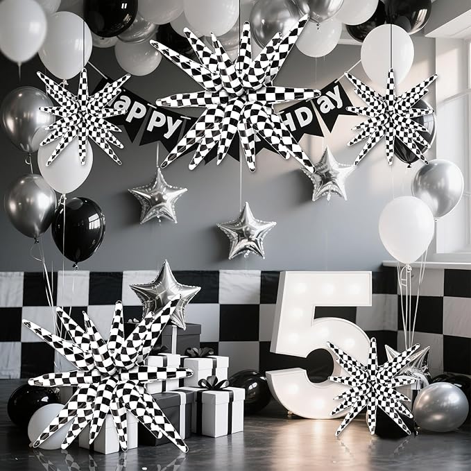 10 Pcs Star Balloons Explosion Balloon Foil Cone Balloons Magic for Birthday Wedding Anniversary Party Backdrops Decorations Supplies, 6 Pcs 22Inch and 4 Pcs 27Inch (Black and White)