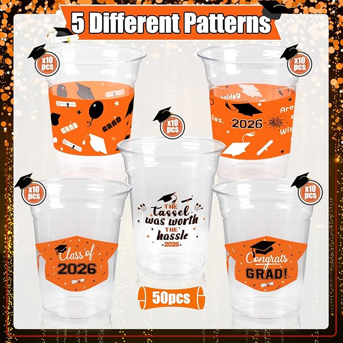 GuassLee Black and Orange Graduation Decorations Class of 2026, 50 Pack 12 oz Graduation Plastic Disposable Cups for Drinks 2026 School Grad Party Favors Supplies