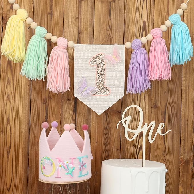 Macaron Butterfly High chair Banner Wood Bead Tassel Garland Crown Hat Wooden Cake Topper Birthday Party Decorations