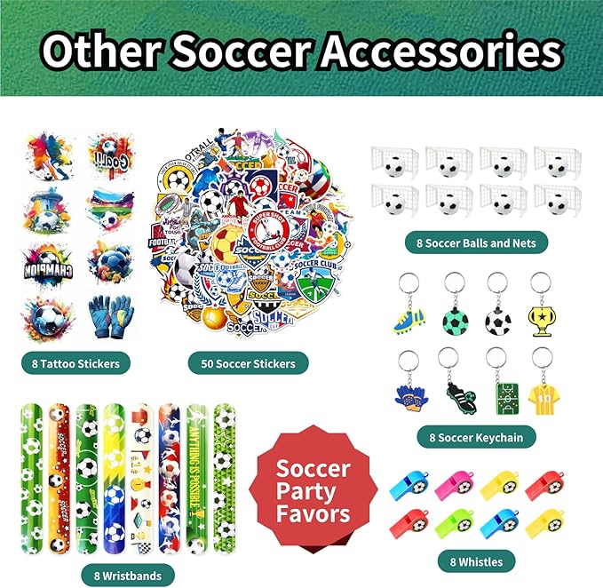 116PCS Soccer Party Favors Goodie Bags Bulk, Soccer Gift Bag Fillers with Mini Ball, Slap Bracelets, Wristband, Keychain, Stickers for Football Party Supplies