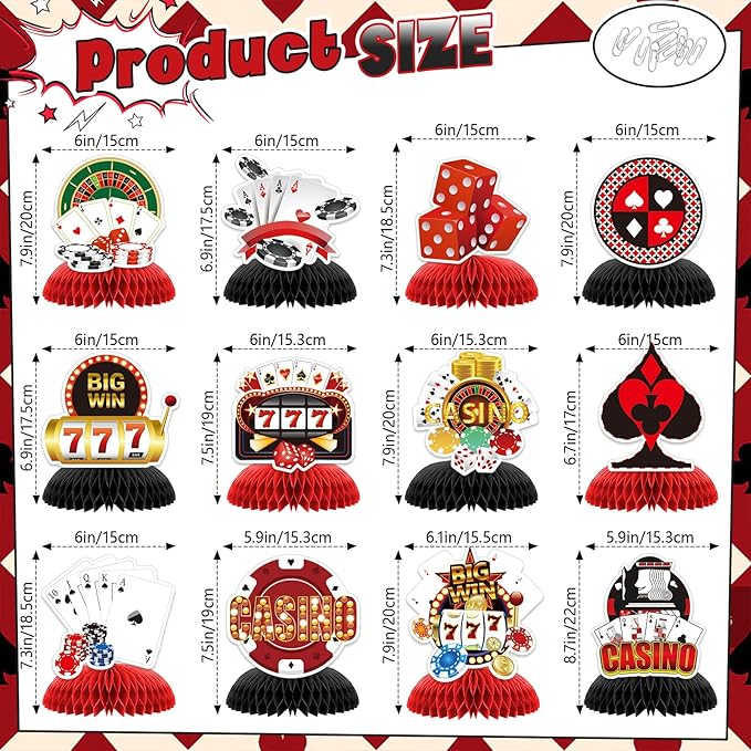 12pcs CasinoTheme Party Decorations,Casino Poker Happy Birthday Decorations, Honeycomb Centerpieces Decor Table for Party Supplies for Casino Table Toppers Casino Game Night Las Vegas Party Favors