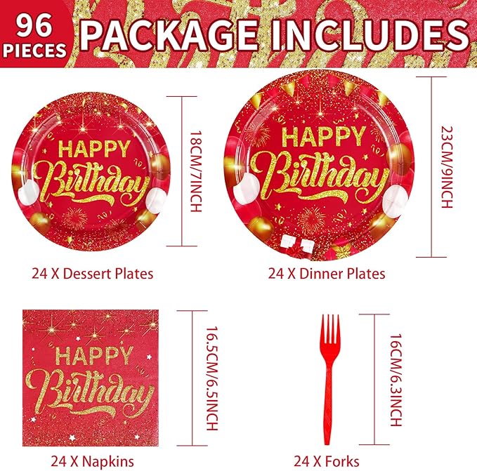 Grencian 96PCS Red and Gold Happy Birthday Decorations Red Gold Party Plates and Napkins Disposable Paper Tableware Set for Birthday Chinese New Year Wedding Party Supplies, Serves 24