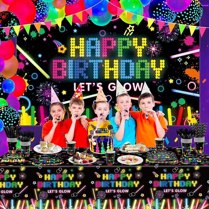 218 Pack Glow Neon Party Supplies Neon Glow Plate Set Neon Balloon Glow in the Dark Happy Birthday Backdrop Glow Birthday Blacklight Party Decoration Neon Glow Banner Set Serves 20