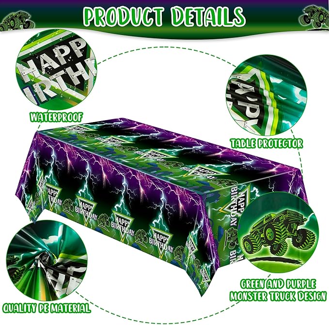 6 Pack Green and Purple Monster Truck Tablecloths - Monster Truck Happy Birthday Disposable Rectangle Table Cover for Baby Shower Kids Birthday Party Dinner Table Decoration 108×54 Inches