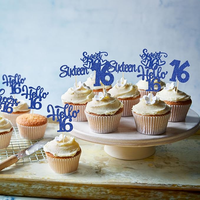 30pcs 16th Birthday Cupcake Toppers - Sixteen Happy 16th Cupcake Picks - Cheers to Sweet 16 Cake Decorations - Deep Blue Glitter