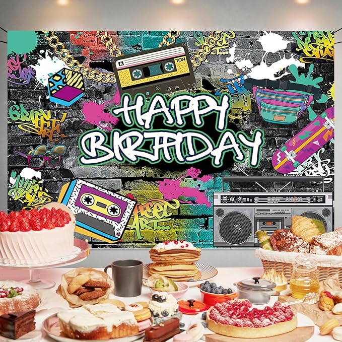 Graffiti Happy Birthday Backdrop Decorations Graffiti Art Banner Hip Hop Photo Background for Home Indoor Outdoor Birthday Party Decorations Supplies 70.8 x 47.2 Inch