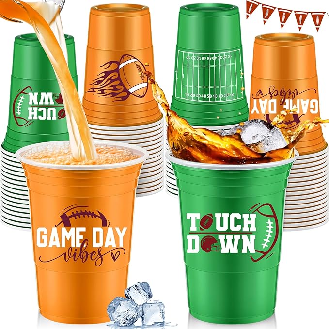 Norme 48 Pcs Football Party Supplies - 16 oz Thick Plastic Disposable Cups for Hot Cold Drinks, Wine, Coffee - Holiday Themed Party Favors