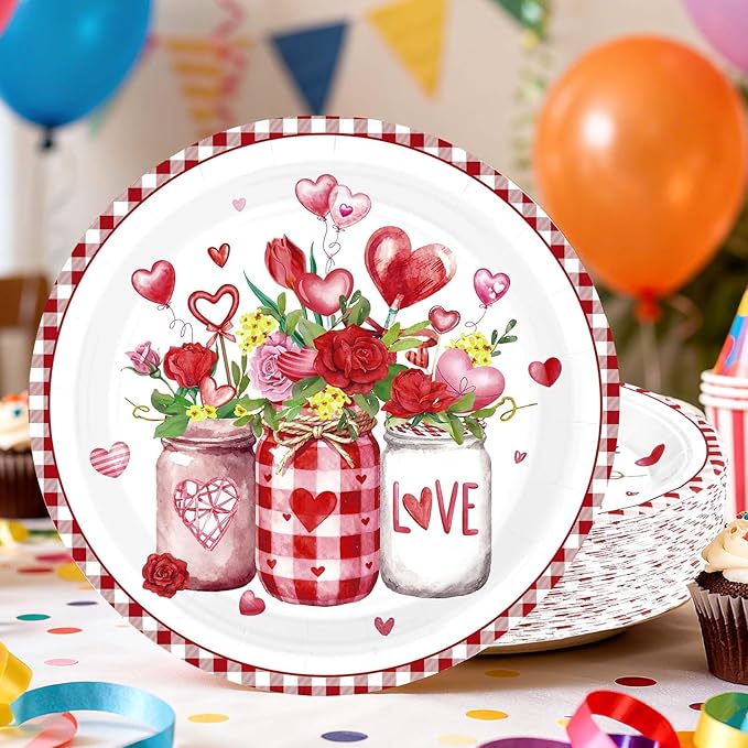 50 Pcs Valentine's Day Paper Plates 10" Hot Heart Vase Dessert Plates Disposable Red Heart Party Supplies for Valentines Day Wedding Anniversary Engagement Party Decorations