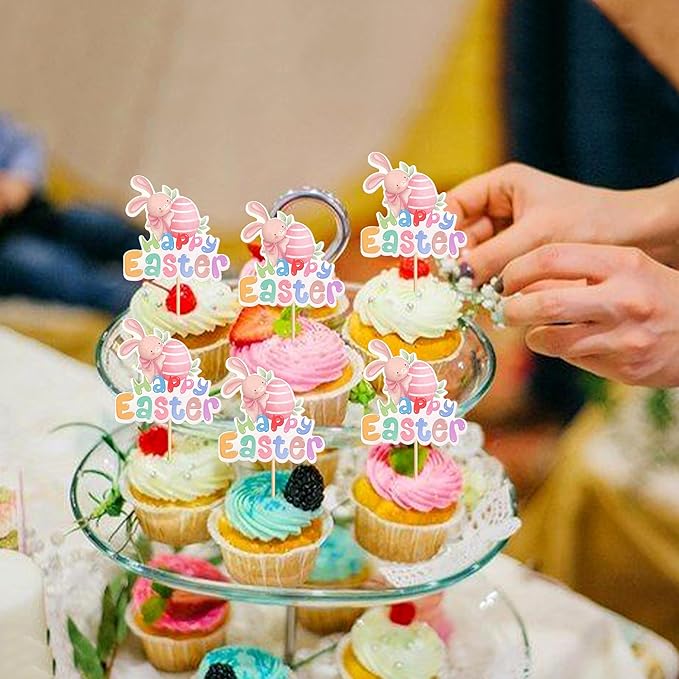 Ercadio 24Pcs Printed Happy Easter Cupcake Toppers Cute Easter Rabbit Eggs Cupcake Picks for Easter Baby Shower Kids Boys Girls Birthday Party Cupcake Decoration Supplies