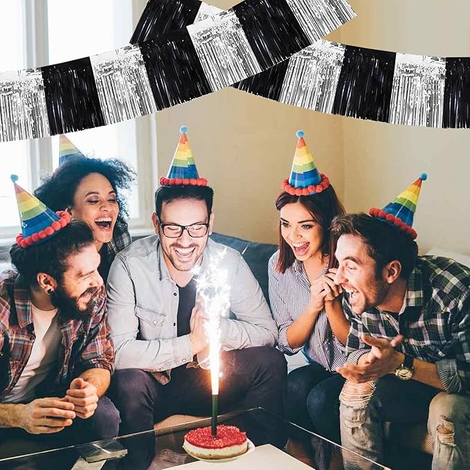 BEISHIDA 3 Packs Metallic Foil Fringe Garland Black Silver Wall Hanging Tinsel Fringe Banners for Car Floats Bridal Shower Wedding Birthday Easter Graduation Holiday Party Decoration(30 Feet)
