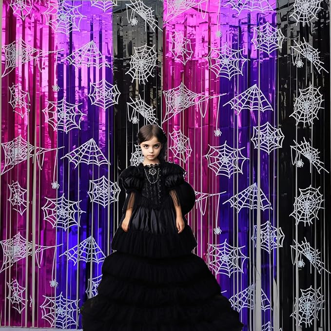 Wednesday Birthday Party Supplies 2 Pack Wednesday Party Streamers Backdrop Tinsel Foil Fringe Curtains Halloween Party Decorations Pink Purple and Black Background for Girls Birthday Party Supplies