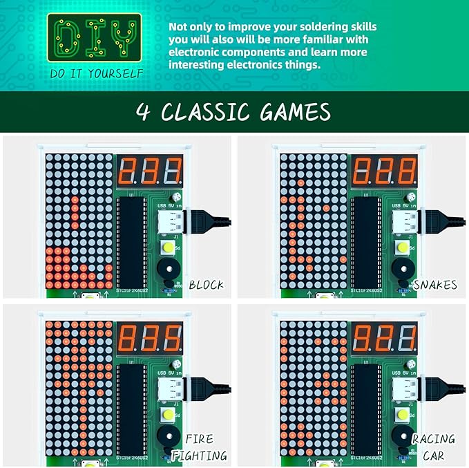 DIY Solder Project Game Kit, Soldering Projects with 4 Retro Classic Games for Electronic Soldering Practice and Learning, for Learning Teaching STEM Education Ideal Gift for Family and Friends