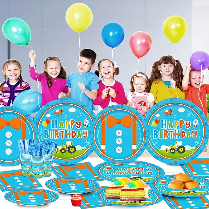 168pcs Blue Birthday Party Supplies Orange Plates Napkins Paper Cups Blue Forks Boys Cartoon Birthday Party Decorations Disposable Tableware Set Serve 24