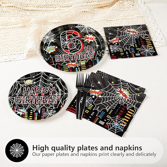 96Pcs Spider 6th Birthday Party Decorations Black Spider 6th Birthday Plates and Napkins Cartoon Super Theme Hero Paper Tableware Set for Boys Kids 6 Year Old Birthday Party Supplies Serves 24