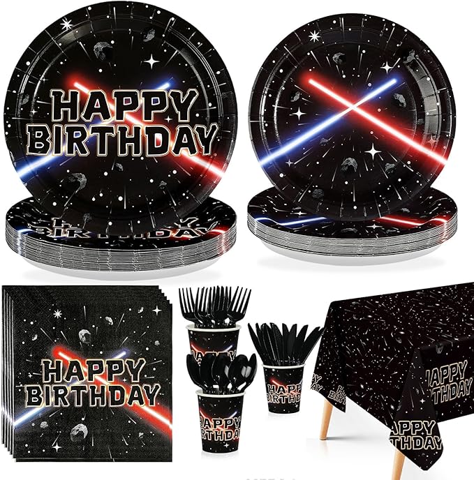 170 Pcs Space Birthday Party Supplies Black Galaxy Universe Starship Plates and Napkins Cups Forks Tablecloth Space Theme Party Decorations for Men Boys Baby Shower Night Sky Galaxy Birthday Serve 24