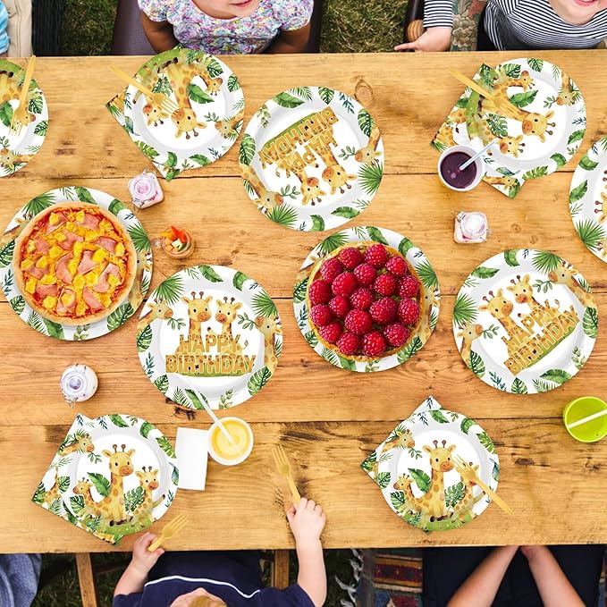 96 Pcs Giraffe Birthday Decorations Jungle Safari Animals Birthday Party Supplies Green Jungle Animal Plates and Napkins for Kids Party Supplies Serves 24
