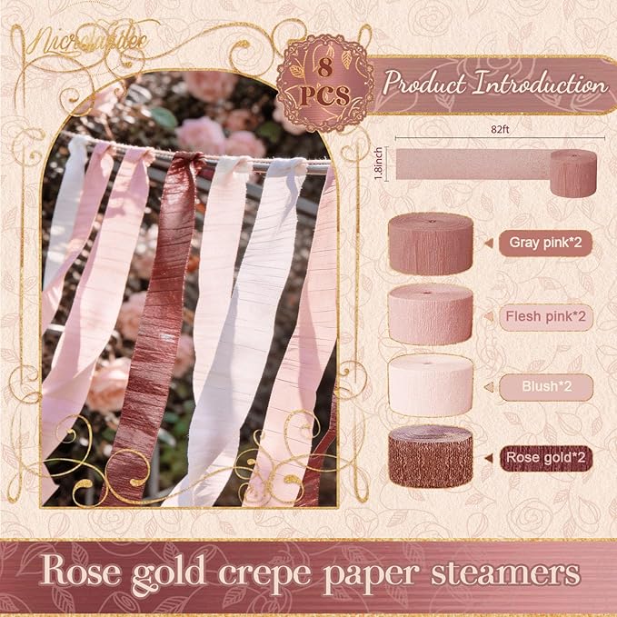 NICROLANDEE Wedding Party Supplies - 8 Rolls Rose Gold Crepe Paper Streamers Tassels Streamer Paper for Wedding Valentine's Day Birthday Baby Bridal Shower Family Gathering Decorations, 82ft Long