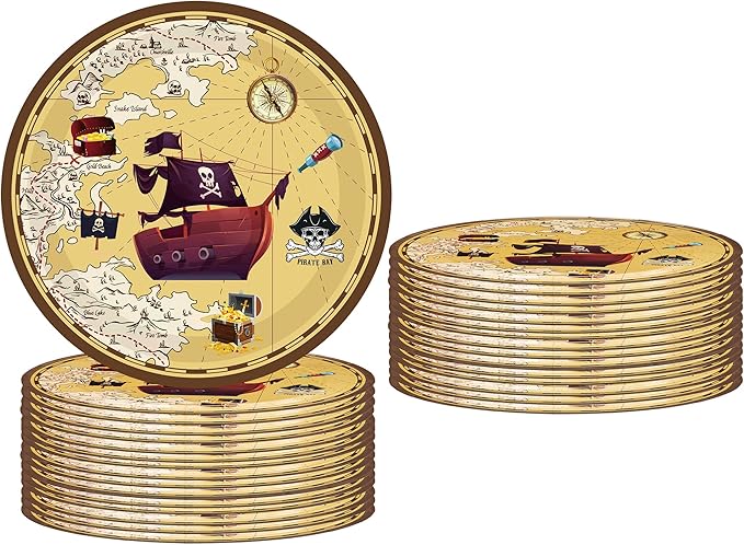 50Pcs Pirate Party Supplies - 7" Nautical Paper Plates, Skull Treasure Map Design, for Pirate Treasure Theme Birthday Party Decoration