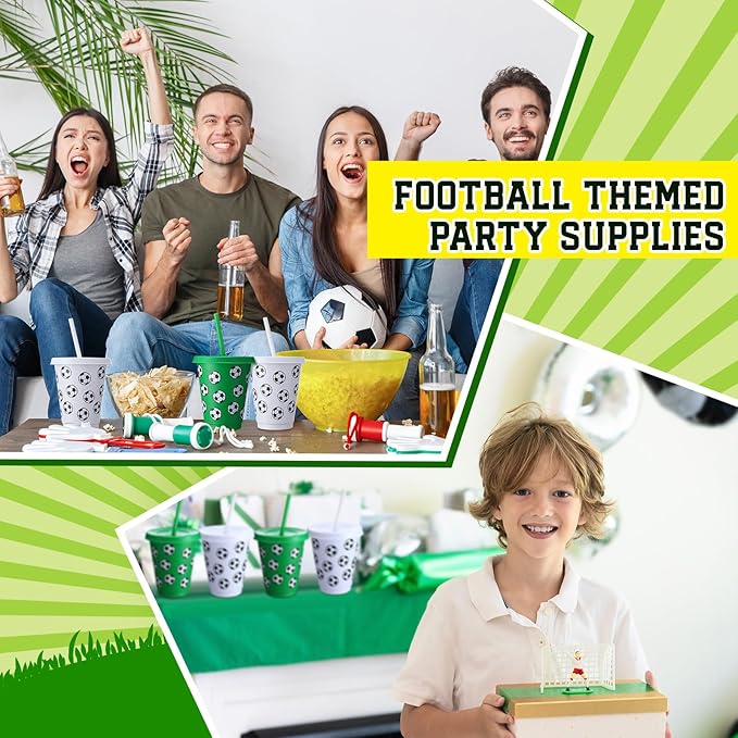 Sieral 30 Pcs Soccer Cups with Straws and Lids 16 oz Soccer Cups White Green Plastic Tumblers Reusable Iced Coffee Travel Mug for Sport Theme Party Supplies Decorations