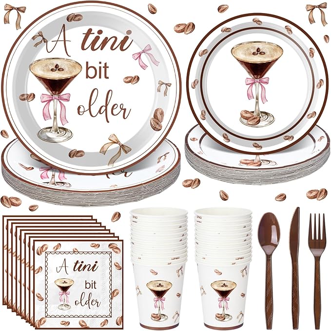 168 Pcs 24 Sets A Tini Bit Older Birthday Decoration, Espresso Martini Paper Plates Napkins and Cups, Espresso Dessert Party Tableware Set, Dinnerware for Party Supplies Wedding
