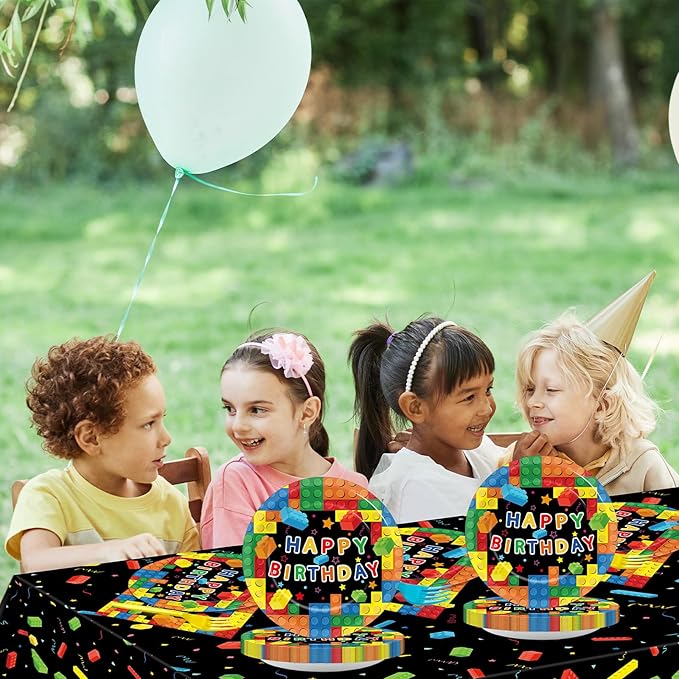 gisgfim Building Blocks Birthday Party Supplies Paper Plates Napkins Colorful Building Block Party Tableware Set for Boys Kids Birthday Decorations Includes Plates, Napkins, Tablecloths Serves 20