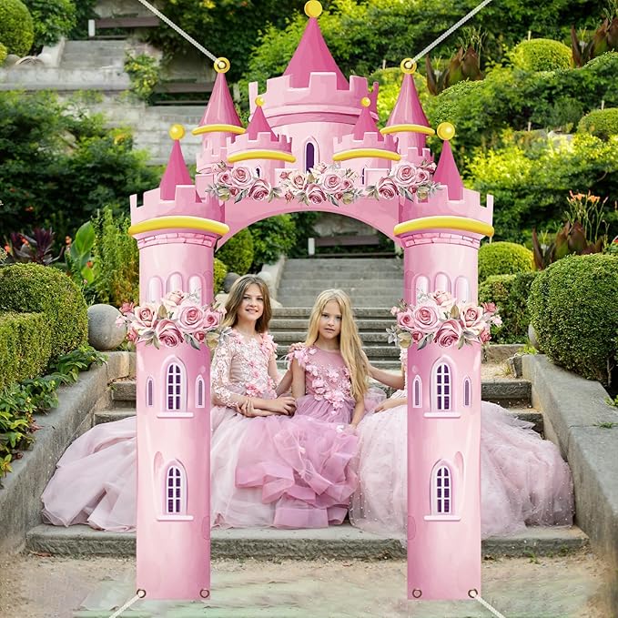 Princess Castle Valentine's Day Photo Prop Pink Princess Party Decorations Princesses Themed Polyester Fabric Birthday Photo Booth Props Pink Castle Door Hanging for Valentine's Day Party Supplies