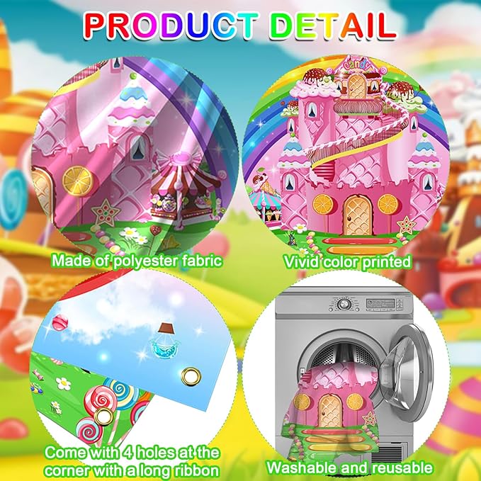 Mocsicka Candyland Party Banner Decorations 2 Pack - Candyland Castle Birthday Backdrop for Girls Birthday Lollipop Sweet Donut Theme Party Supplies (2 Pack, 70.8x43.3 inch)