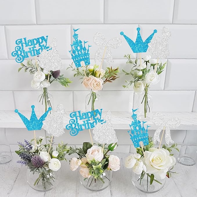 Gyufise 12Pcs Princess Centerpiece Sticks Birthday Bowknot Castle Birthday Table Flower Centerpieces Sticks Crown Bow Party Decorations for Bridal Shower Birthday Wedding Party Supplies Blue