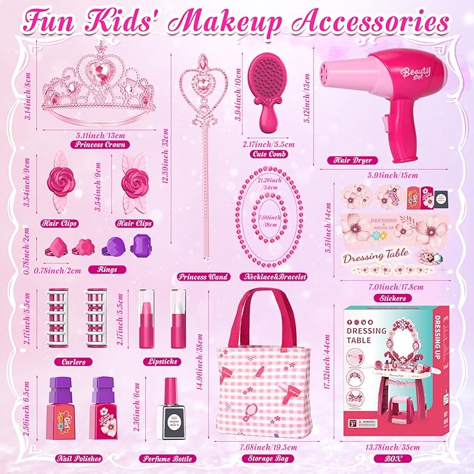 Toddler Vanity Kids Vanity Table and Chair Set, Girls Makeup Table with Mirror Lights & Music, Pretend Play Dress Up Toys with Hair Dryer, Princess Crown & Wand, Storage Bag, Gifts for Girls Age 3 4 5
