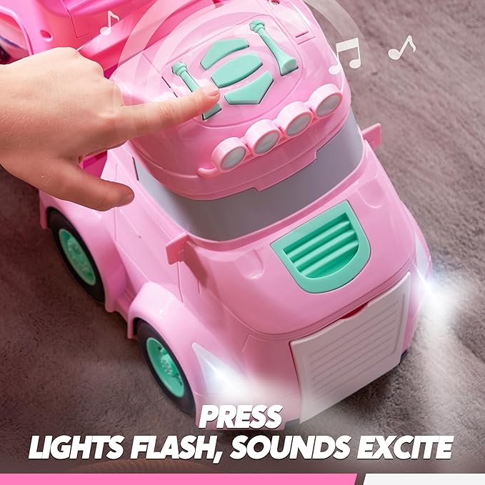 JOVA Extra Large Toy Trucks for Toddlers, 3-Layer Princess Pink Trucks for Girls, 7-in-1 Big Carrier Truck with Siren & Lights and 6 Toy Cars, Birthday Gifts for Girls