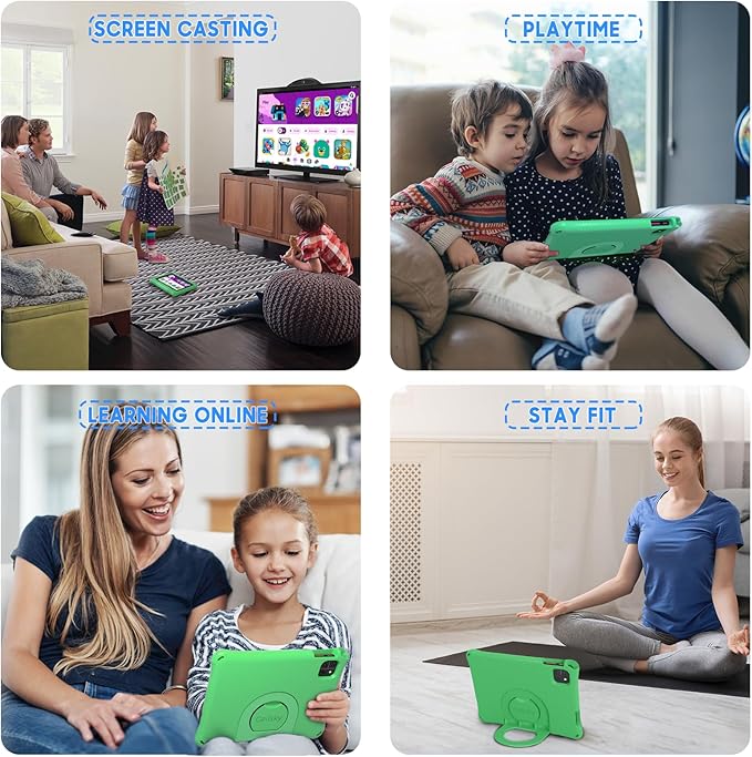 Kids Tablet: 10 Inch Android 15 Tablet for Kids, 64GB Octa-Core 6000mAh Battery, WiFi 6, Pre-Installed Kids Apps, Parental Control with EVA Protective Case - Ideal Gift for Toddler, Green