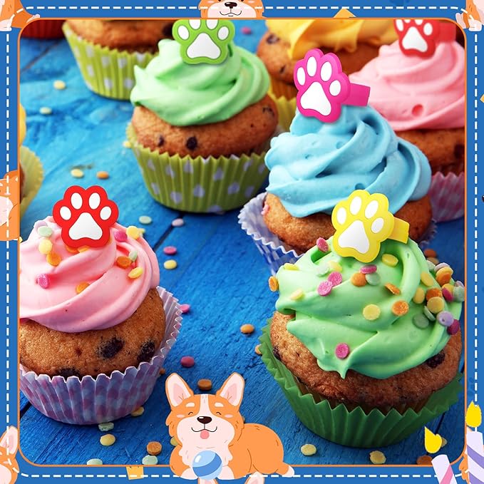 48 Pcs Paw Dog Cupcake Rings Toppers Decorations Orange Blue Red Yellow Paw Dog Theme Birthday Cupcake Rings Decorations for Puppy Baby Shower Party Supplies(White, Black)