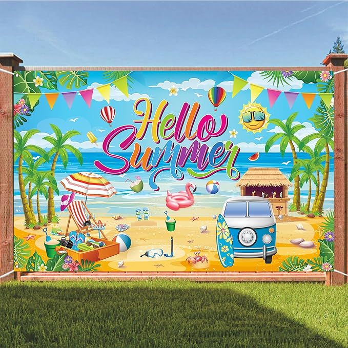 Hello Summer Party Decorations, Hello Summer Backdrop Banner for Hello Summer Party Decorations Supplies, 71 x 43 inch
