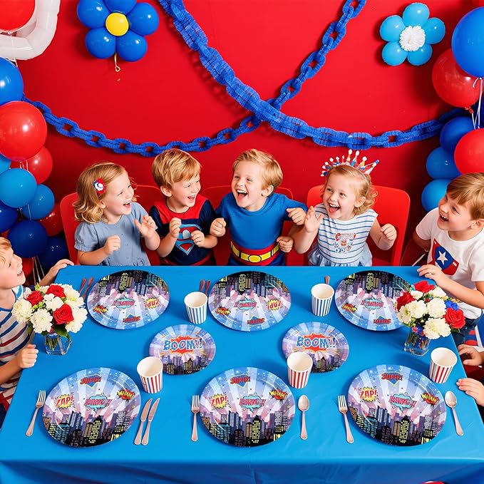 96Pcs Super Theme Hero Party Decorations Blue Hero Cityscape Plates and Napkins Sets Hero's Theme Comic City Party Decorations Favor for Boys Girls Spider Video Game Fun Birthday Supplies Serves 24