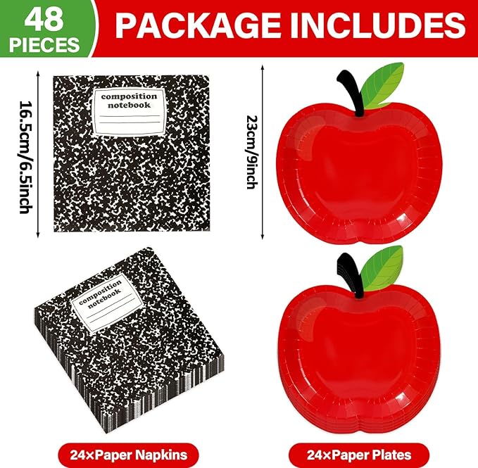 48 Pcs Back to School Tableware Set First Day of School Party Supplies Red Apple Paper Plates Composition Notebook Napkins Classroom Decoration for Kindergarten Preschool Teacher Party Serve 24