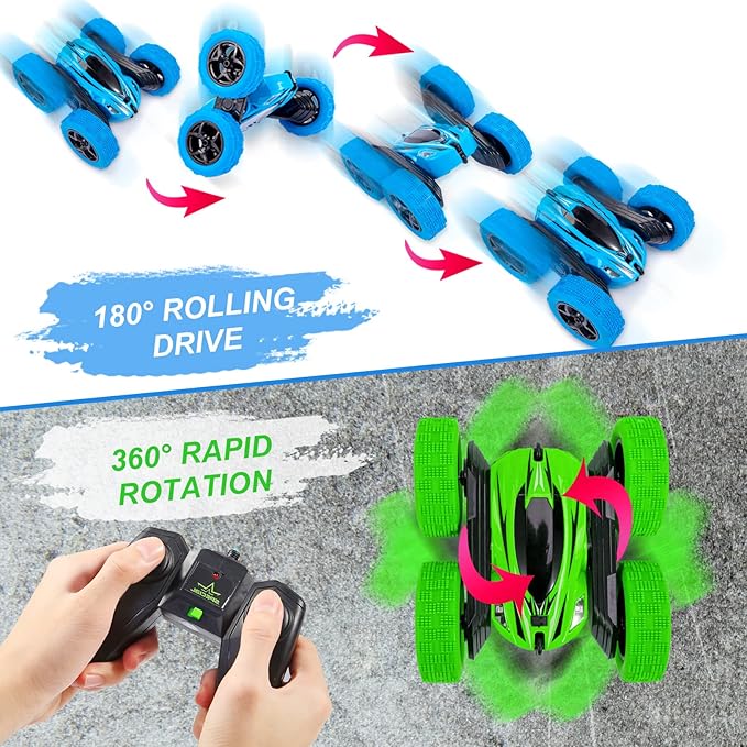 2PACK RC Stunt Car Watch Gesture Sensor Car 4WD Double Sided 360 Degree Rotating Tumbling Rechargeable Car High Speed 2.4GHZ Off Road Hobby RC Toy Cars for Xmas Birthday Gift Adults,Kids (Blue/Green)
