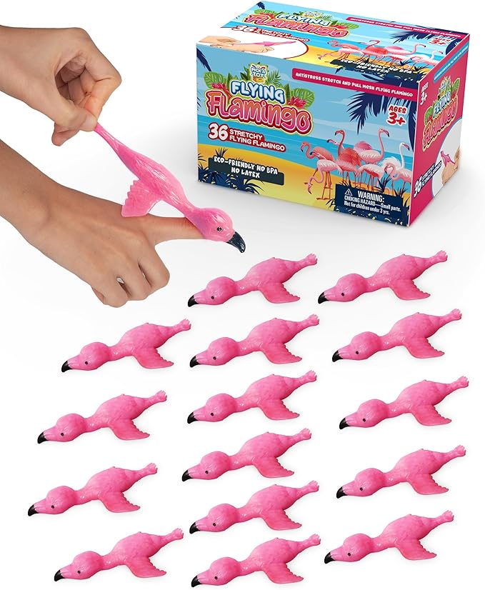PICK A TOY 36 Pcs Flamingo Party Favors Toys for Kids, Bird Shooter Game Finger Flingers, Tropical Themed Decorations, Kids Prizes, Flying Rubber Chickens Slingshot, Easter Egg Filler